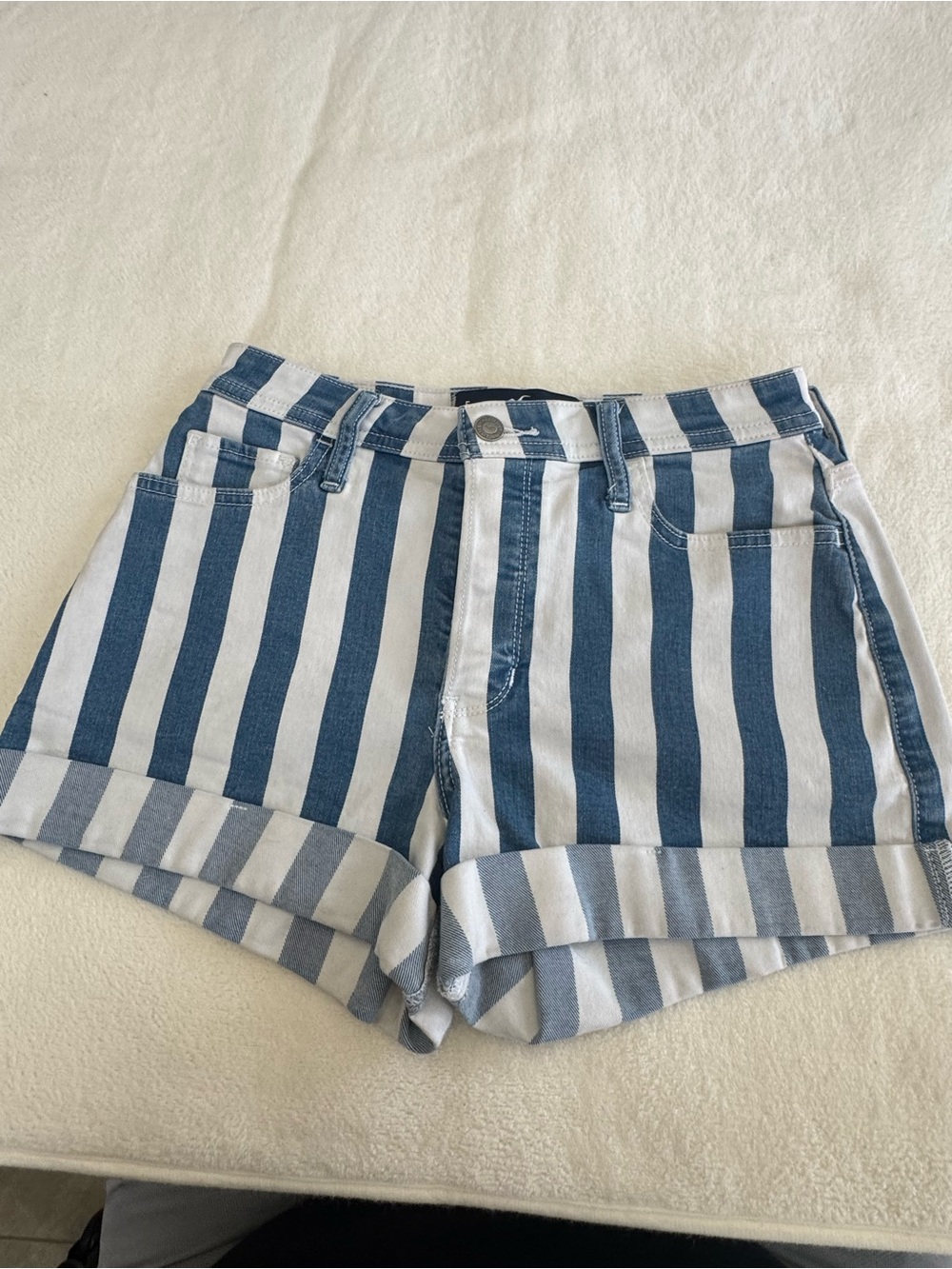 Hollister Blue and White Striped Rolled-Hem Jean Shorts